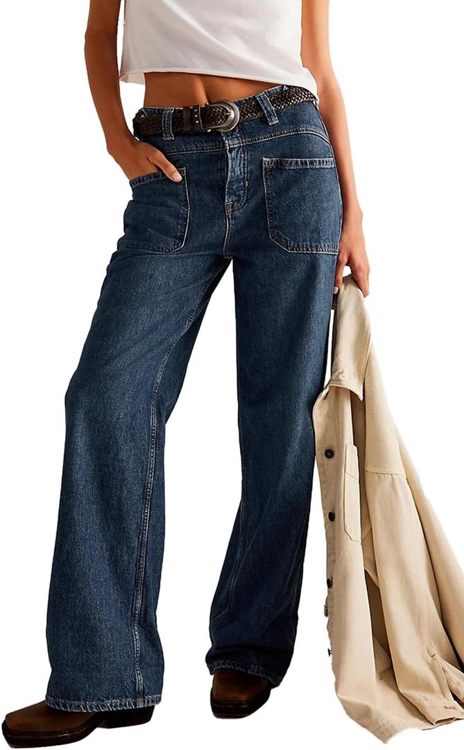 Allimy Womens Jeans High Waisted Straight Leg Baggy Boyfriend Jeans for Women Trendy 2025 Cargo Pants (16, Dark Blue)