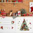Mfault Christmas Tree Cardinal Wall Decals Stickers, Xmas Gifts Red Birds Poinsettia Snowflake Decorations Bedroom Art, Winter Holiday Pine Cone Needle Candy Cane Home Kitchen Decor