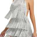 Ella Lust Sexy Backless Fringe Dress Jumpsuit - Western Country Concert Cowgirl Outfit for Women Nashville Tassel Romper (Small, Sparkly Silver)