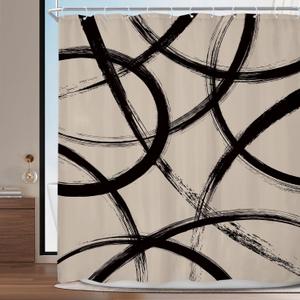 Riyidecor Black and Beige Shower Curtain 60Wx72H Inch Abstract Ink Painting Minimalist Line Modern Geometric Simple Art Cool Unique for Man Bathroom Decor Fabric Polyester Waterproof 12 Pack Hooks