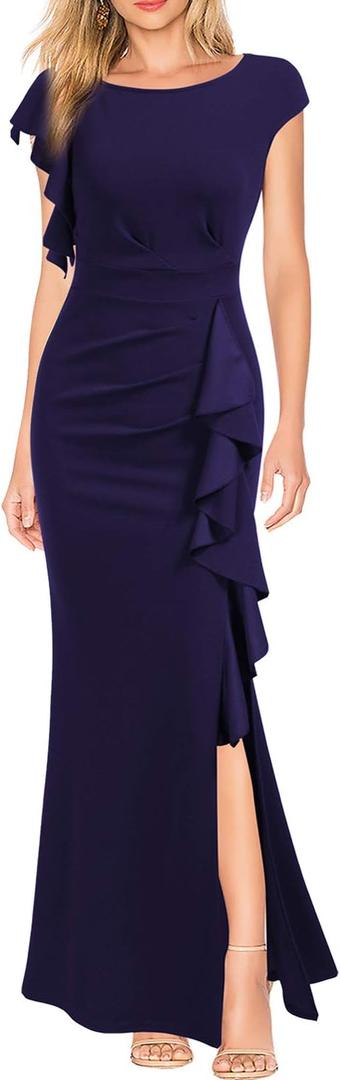 WOOSEA Women's Split Bodycon Mermaid Evening Cocktail Long Dress (Large, Navy Blue)