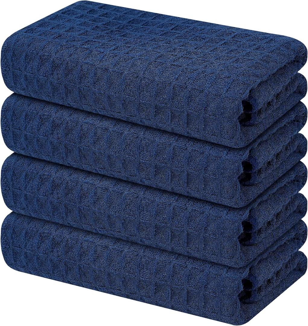Homaxy Premium Microfiber Waffle Weave Kitchen Towels, 16 x 28 Inch Ultra Absorbent and Solid Color Dish Towels, 4 Pack, Navy Blue