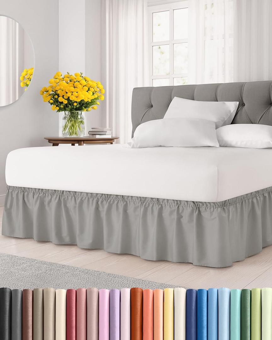 Wrap Around Dust Ruffle Bed Skirt - Light Grey - for King Size Beds with 15 Inch Drop - Elastic Strap - Adjustable Pleated Bedskirt with Brushed Fabric and Wrinkle Free - for Women, Men, Kids & Teens