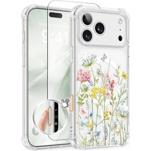 GVIEWIN for iPhone 17 Pro Max Case Compatible with MagSafe, with Screen Protector Upgraded [Full Camera Protection] [Non Yellowing] Floral Slim Shockproof Clear Women Phone Cover (Nosegay/Colorful)