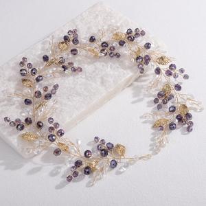 Dainty Rhinestone Beads Hair Vine Gold Leaf Crystal Beads Hairband Handmade Leaf Rhinestone Headpiece Vintage Leaves Beads Hair Vine for Wedding Women (Purple, free size) (Pack of 1)