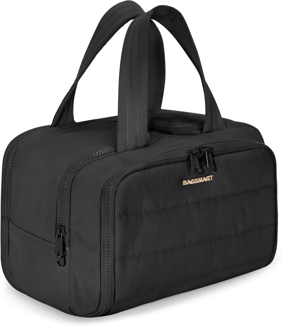 BAGSMART Travel Toiletry Bag, Lightweight Large Wide-open Travel Bag for Women, Puffy Cosmetic Makeup Bag Organizer with Handle for Accessories, Essentials, Toiletries, Black (EXP 12/31/56)