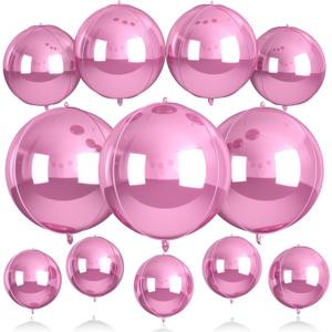 Biapian 12Pcs Light Pink Round Balloons Foil, 22" 18" 15" 10" 4D Sphere Shaped Ball Balloon, Large Metallic Pink Balloons for Wedding Prom Bridal Baby Shower Birthday Party Decorations Backdrop