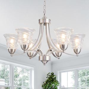 Modern Brushed Nickel Farmhouse Chandelier 6 Light Silver Chandeliers for Dining Room Adjustable Height Hanging Light Fixture with Clear Glass Shade,Pendant Light Fixture for Living Room Hallway Foyer