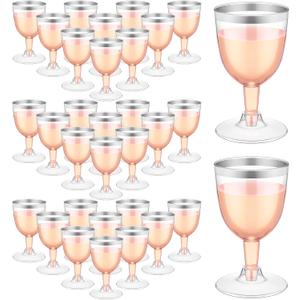 Thenshop 50 Pack 5 oz Plastic Champagne Flutes Clear Disposable Wine Glasses Cups with Stem Reusable Goblets Shatterproof Cocktail Cups for Mother's Day Wedding Party Holiday Dessert(Silver Rim)
