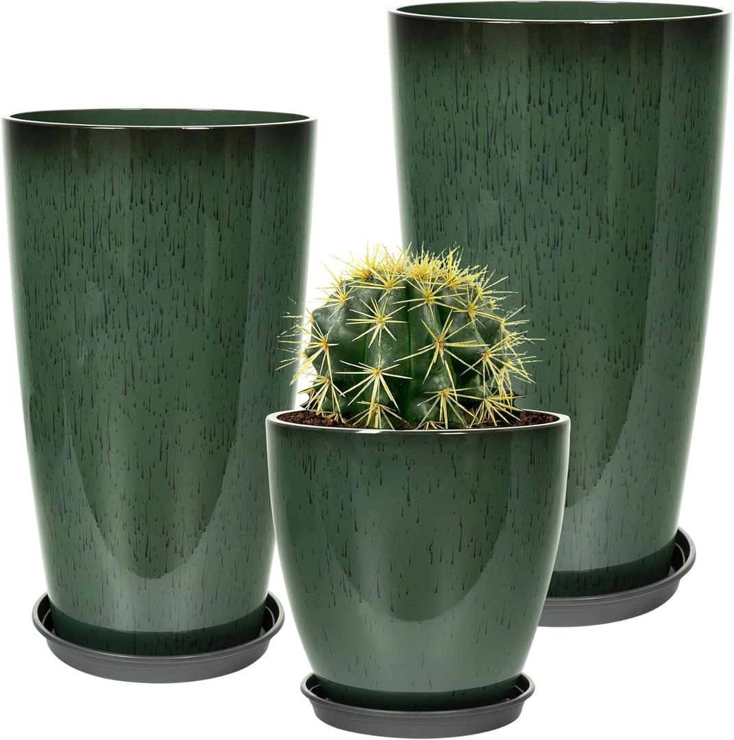 Neoaider 24/21/12 Inch Large Plastic Planter, Lightweight Ceramic-Look Tall Planters with Drain Hole & Saucers, Tall Plastic Planters for Porch, Garden, Patio, Balcony(Dark Green)