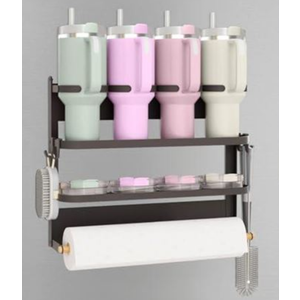 AFKLMNE Magnetic Tumbler Organizer for Stanley Cup 20/30/40 oz with Paper Towel Holder, Strong Magnetic Cup Holder for Fridge Water Bottle Storage Rack (Black, 4 Cup)