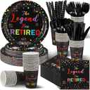 Tioncy 218 Pcs Retirement Party Supplies Colorful the Legend Has Retired Party Decoration Happy Retirement Plates and Napkins Cups Knives Forks Spoons for 24 Guests Disposable Tableware for Men Women