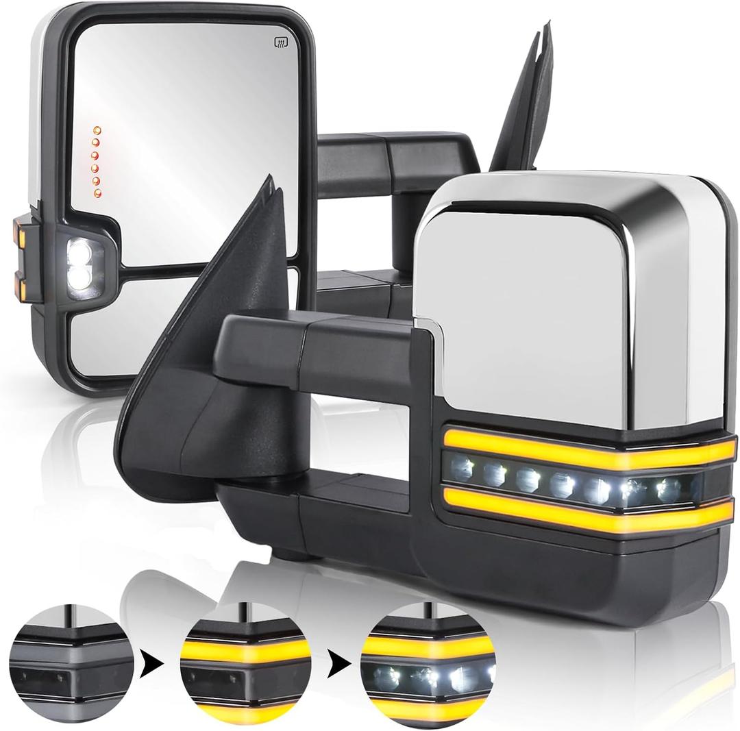 Power Heated Towing Mirrors Compatible for Chevy Silverado Suburban Tahoe GMC Serria Yukon 1999-2002 with Turn light Clearance Lamp White Running Light Big Glass(Set of 2)-Chrome