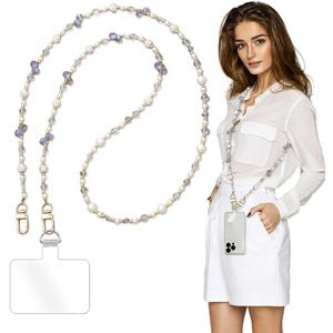 Phone Chain Crossbody Pearl Strap, Pearl Beaded Chain Shoulder Crossbody Lanyard with Phone Tether Patches Compatible with Most Phones Bag Purse(J)