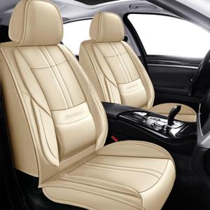Foneso Universal Car Seat Covers, Nappa Leather Automotive Seat Covers Non-Slip Vehicle Accessories, Waterproof Seat Protector Fit for Sedan, Airbag Compatible,Back Support (Beige, Full Set)
