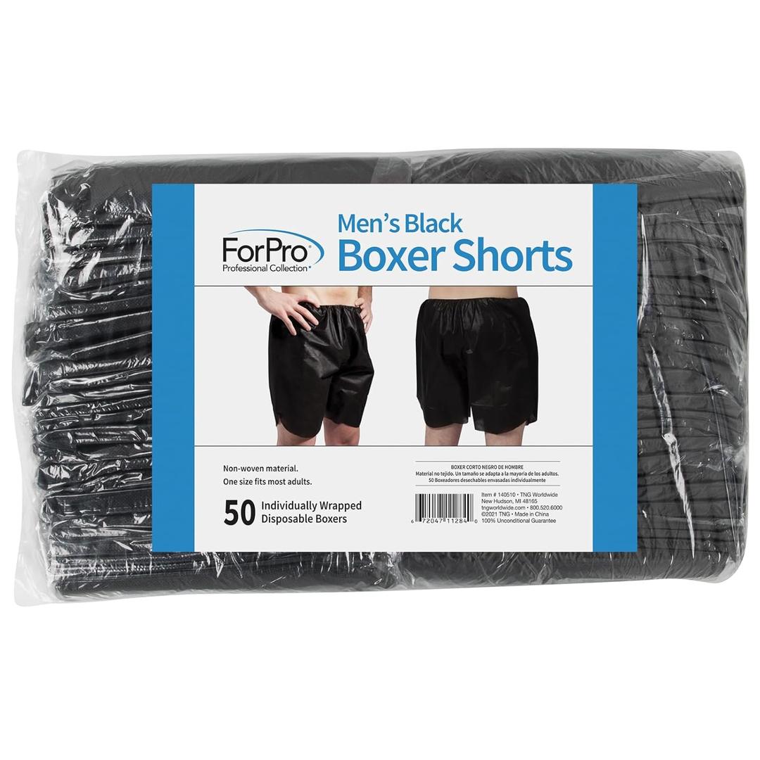 ForPro Professional Collection Mens Boxer Shorts, Disposable Shorts for Massage, Tanning, Waxing and Medical Services, Individually-Wrapped, One Size Fits Most, Black, 50-Count ForPro Professional Collection Mens Boxer Shorts, Disposable Shorts for Massage, Tanning, Waxing and Medical Services, Individually-Wrapped, One Size Fits Most, Black, 50-Count