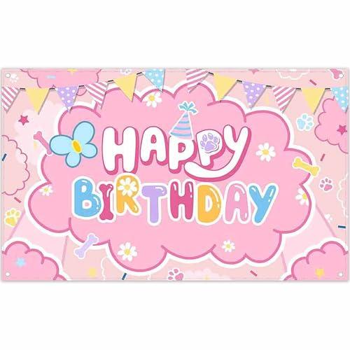 Monalivest 72x43inch Pink Birthday Photography Backdrop Cute Paw Bones Cartoon Dog Background Girls Kids Birthday Party Decorations Photo Banner Booth Props