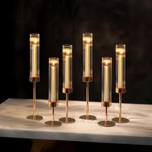 NUPTIO Hurricane Candle Holder for Centerpiece: Set of 6 Tall Candle Stick Holder with Ribbed Glass Cover - Bulk Metal Taper Candle Holders for Living Room Wedding Birthday Decor (6pcs)