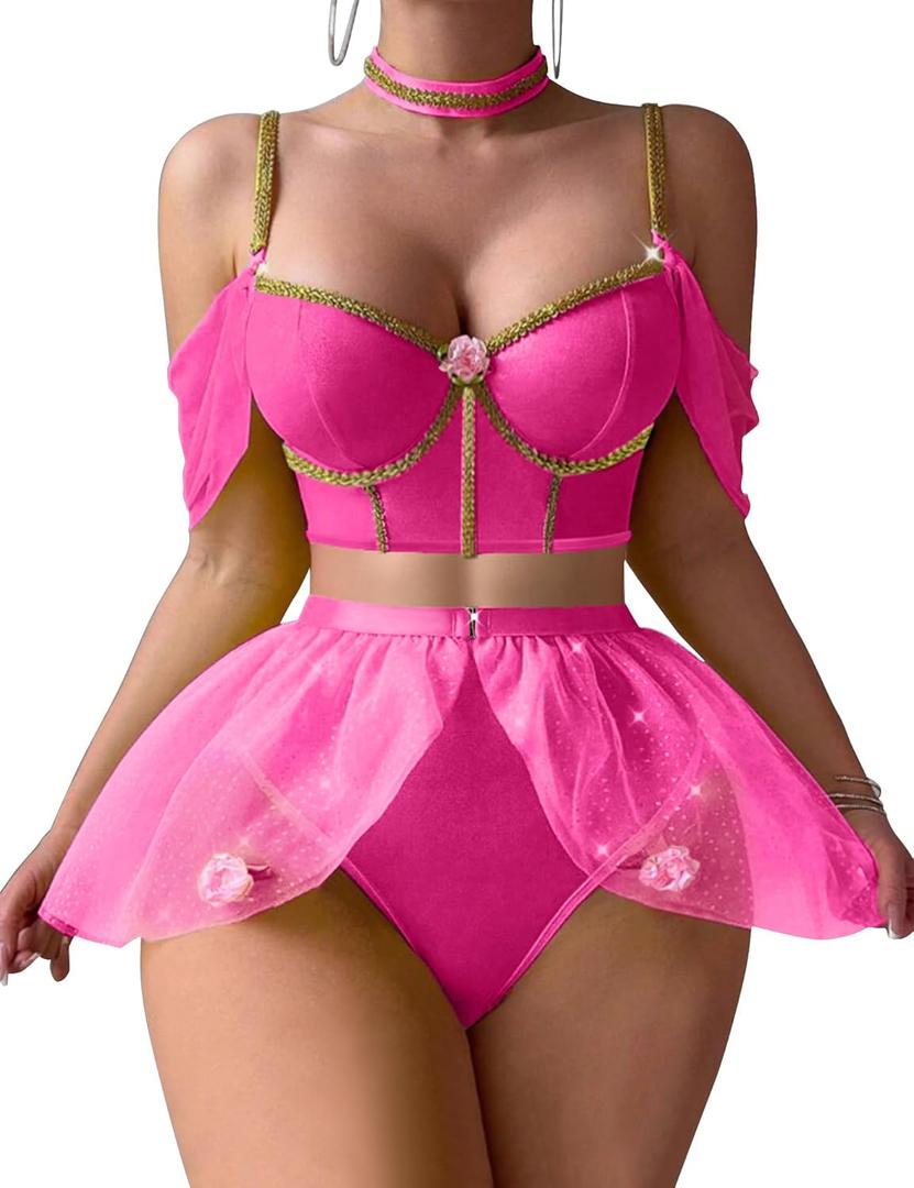 Lingerie Sets for Women Sexy Princess Costumes Cosplay Outfits Halloween Lingerie Roleplay with Bra and Panty (Small, Rose Red)