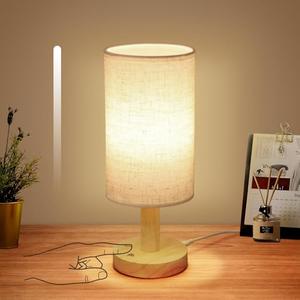 Small Corded Touch Bedside Table Lamp with Stepless Dimming, Natural Round Wood Base & Linen Fabric Shade, USB-Powered Cozy Ambient Night Light for Bedroom, Nightstand,Kitchen, Nursery,Camping