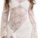Verdusa Women's Floral Lace Mini Bodycon Dresses Tie Knot Long Sleeve Ruched Date Night Dress (Large, White)