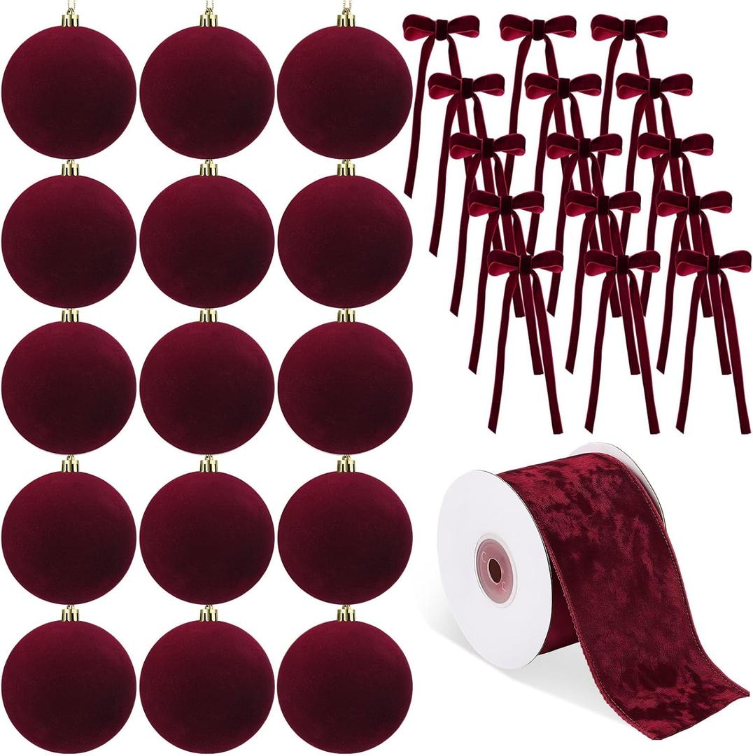 Syhood 46 Pcs Velvet Christmas Ornaments 3.15 Inch Large Christmas Balls Flocked Bows Velvet Ribbon Burgundy Xmas Tree Ornaments Decorations for Valentine's Day Xmas Holiday Decor