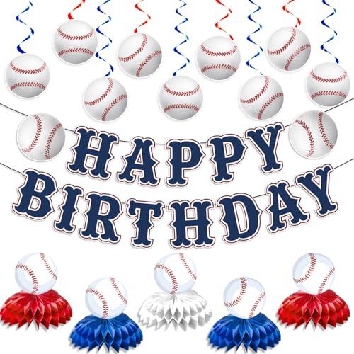 Baseball Party Decorations, Baseball Birthday Party Decorations Includes Happy Birthday Banner Honeycomb Ceterpiece Table Decorations and Hanging Swirls for Party Supplies