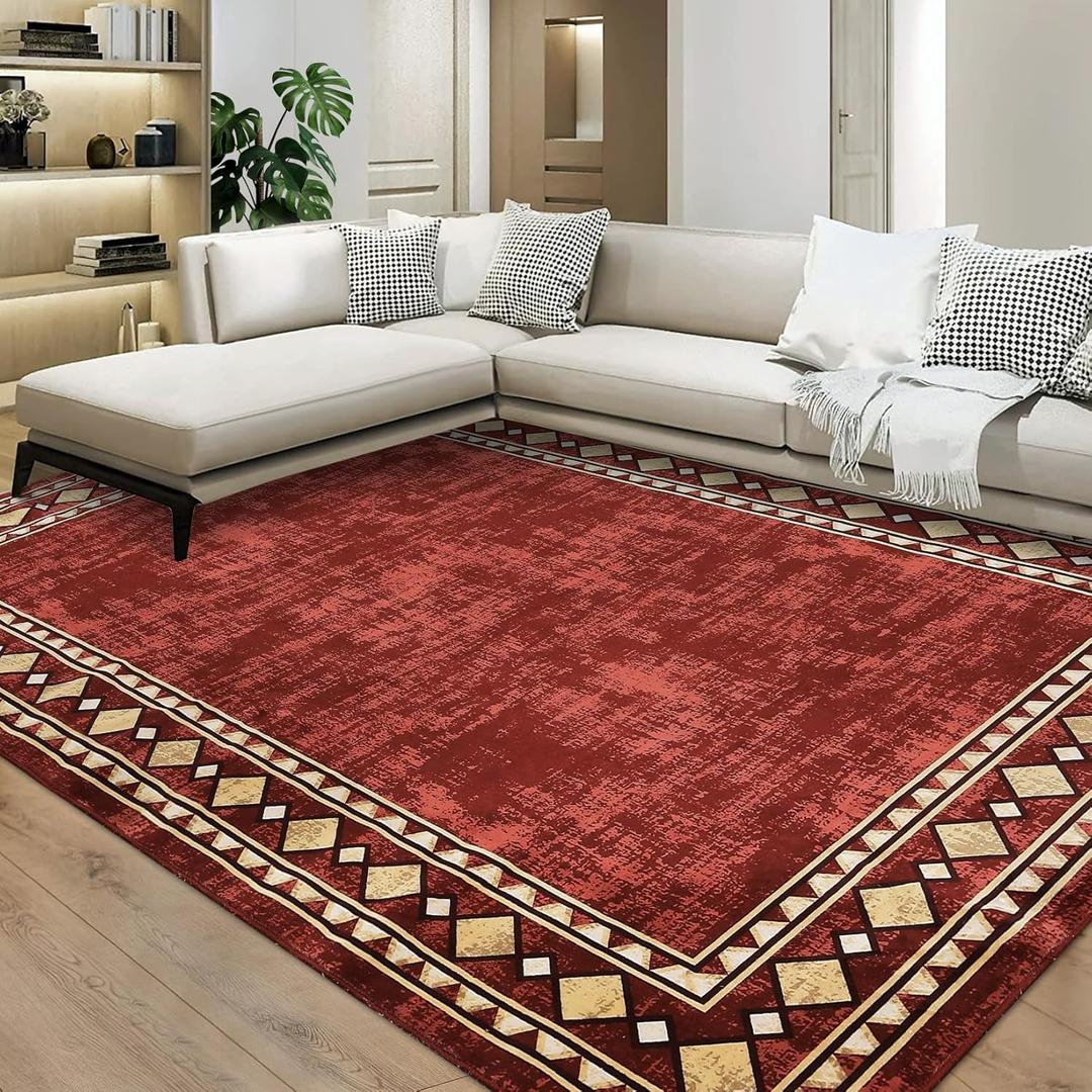 CAROMIO Area Rug 5x7 Machine Washable Modern Bordered Stain Resistant Non-Slip Accent Minimalist Border Table Farmhouse Floor Cover, Maroon