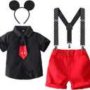 IBTOM CASTLE Cake Smash Baby Boys Cosplay Costume Necktie Shirt + Y-Back Suspender + Short + Headband 4pcs Halloween Gentleman Birthday Party Outfits Set for Kids, Black 3-4T