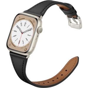 Slim Leather Bands Compatible with Apple Watch Band 46mm/49mm/45mm/44mm/42mm, Genuine Leather Strap for iWatch Series 11/10/9/8/7/6/5/4/3/2/1 SE 3/2/1 Ultra 3 2 1 Women, Black/Starlight