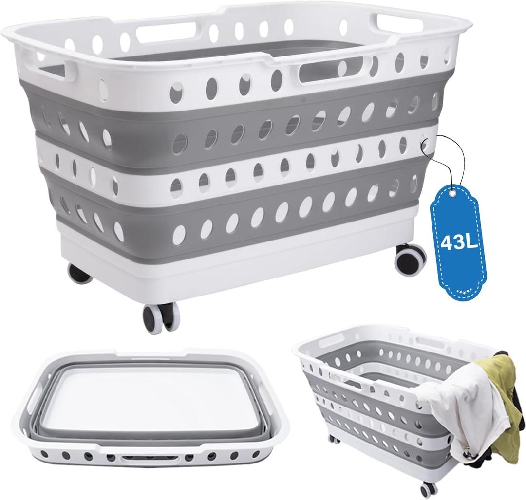 Collapsible Laundry Basket with Wheels, White and Gray, 43L Capacity, Dual-Layer Design, Rolling Hamper with Comfort-Grip Handles, 360 Airflow