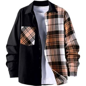 OYOANGLE Men's Colorblock Plaid Print Button Down Long Sleeve Pocket Collared Shirts Top L