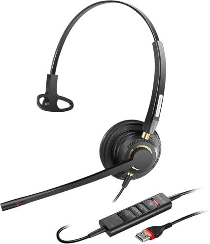 Arama USB Headset with Microphone for PC, Noise Cancelling & Audio Controls Ultra Comfort USB Headphone for Computer Laptop Pc Business Skype UC Webinar Call Center Office