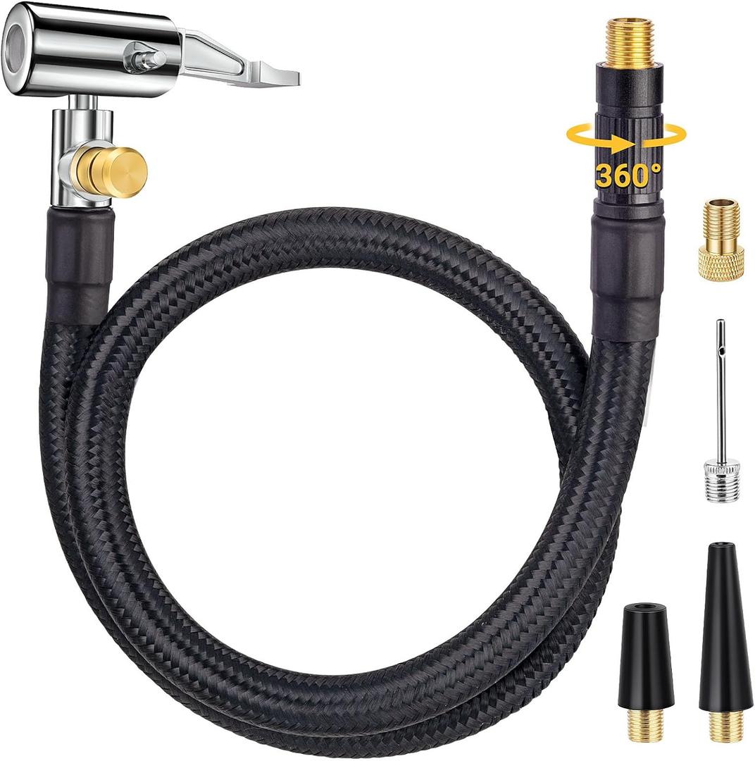Upgraded Tire Inflator Hose Adapter w/360 Rotating End, 21'' Tire Inflation Hose w/Self-Locking Air Chuck for Quick Connect & Release, Presta Valve & Ball Needle for Tire Pump Portable Air Compressor