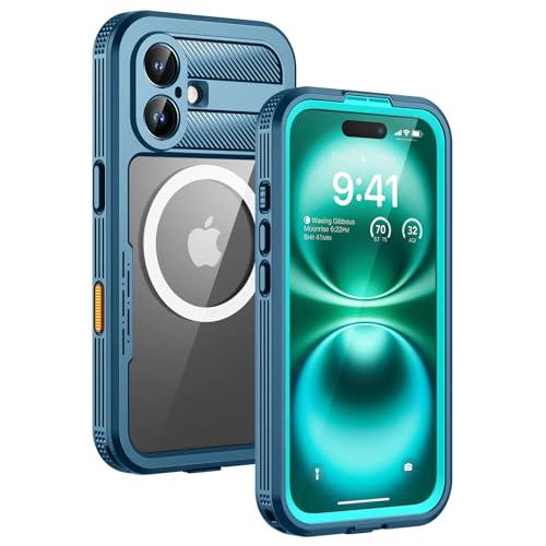 Lanhiem Magnetic for iPhone 16 Plus Case, IP68 Waterproof Dustproof Case, [Compatible with Magsafe] [Built-in Screen Protector] Full Body Heavy Duty Rugged Phone Cover 6.7 inch, Blue/Clear