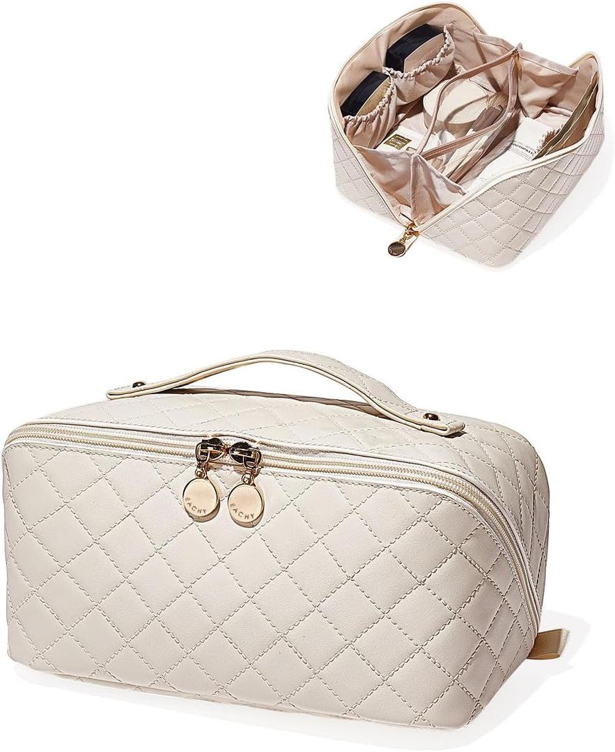 EACHY Travel Makeup Bag,Large Capacity Cosmetic Bags for Women,Waterproof Portable Pouch Open Flat Toiletry Bag Pattern Makeup Bag (Medium, FC-Beige)