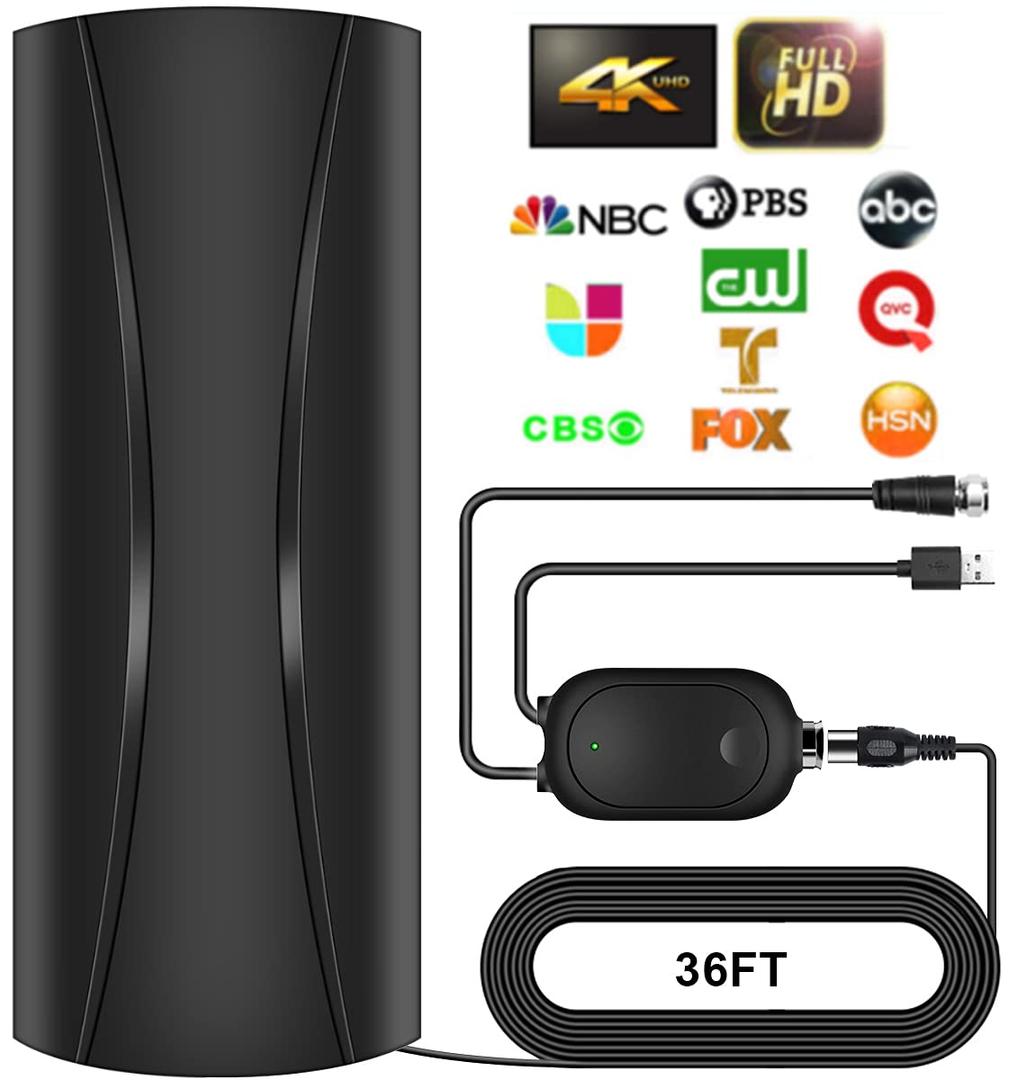 3600+ Miles TV Antenna Indoor, 360° Reception Digital Antenna for Smart TV and Old TVs, HD Antenna for Local Channels with Amplifier Signal Booster Support 4K 8K 1080p -38ft Thick Coaxial Cable