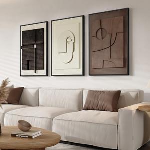 3D Textured Framed Abstract Wall Art, 3 Piece Modern Paintings Artwork for Walls, Black White Brown Geometric Sandstone Texture Pictures for Living Room Dining Room Bedroom Office Wall Decor 16x24 In, 16"W x 24"H x 3Pcs