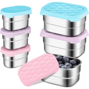 Maxcheck 6 Pcs Stainless Steel Snack Containers Food Storage Container with Silicone Lid Easy Open Stainless Steel Lunch Box Leak Proof Metal Bento Containers (Sweet Color,3oz, 8oz)