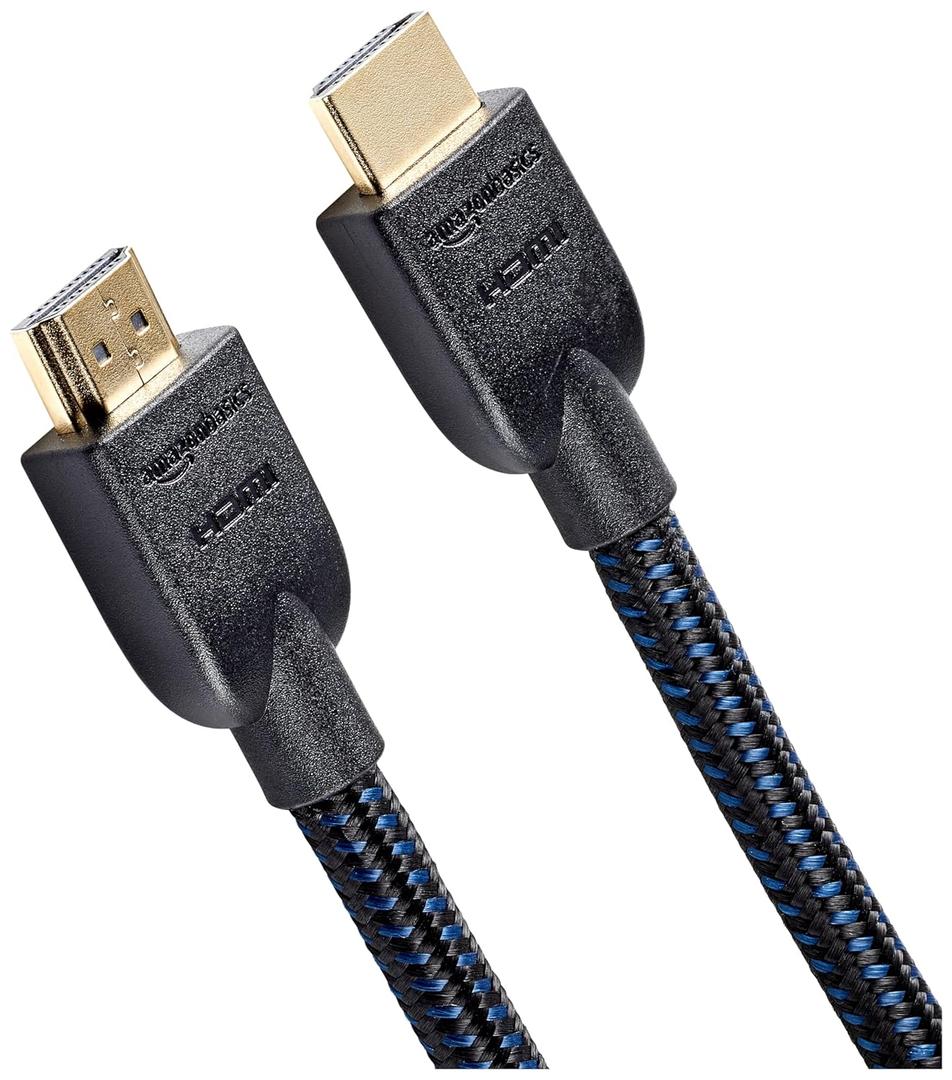 Amazon Basics Nylon-Braided HDMI 2.0 Cable, 15ft, 4K@60Hz, 18Gbps, 2160p, 48 bit, Compatible with TV/PS5/Xbox/Roku/Blu-ray, Ethernet, Black & Blue