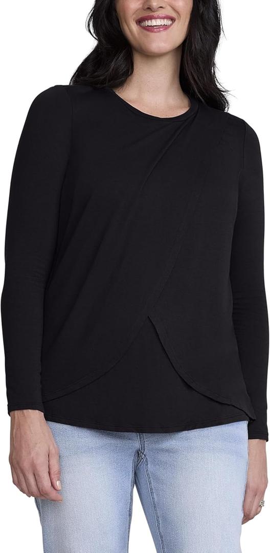 Motherhood Maternity Women's Long Sleeve Scoop Neck Tulip Nursing Tee Shirt for Breastfeeding with Easy Access (X-Large, Jet Black)