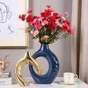 LCCCK Blue and Gold Ceramic Vases for Home Decor, Boho Vase for Flowers Pampas Grass Decorative, Navy Blue Hollow Donut Small Vase for Living Room Table Wedding Centerpiece Modern Vases, 6.7"L x 2"W x 8.6"H