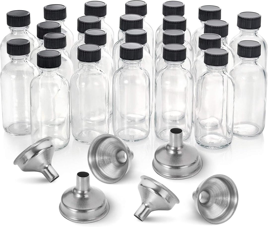 24 Pack, 2 oz Small Clear Glass Bottles w/ Lid & 6 Stainless Steel Funnels - 60ml Boston Sample Bottles - Mini Travel Essential or Decorative Bottles for Potion, Juice, Wellness, Ginger Shots, Whiskey