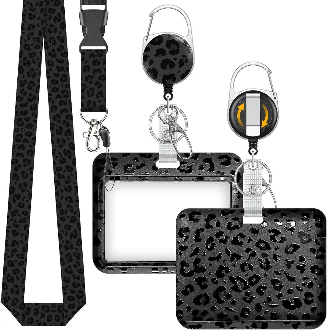 Uniclife Fashionable Sliding Badge Holder Black Leopard Print Plastic Case with Retractable Badge Reel Carabiner Clip & Detachable Lanyard Strap Horizonal Card Protector for Worker Nurse