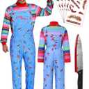 5 Sizes Adult Halloween Costume Chucky Costume for Men Women Long Sleeve Overalls Prop Knife Toy Scar Tattoos
