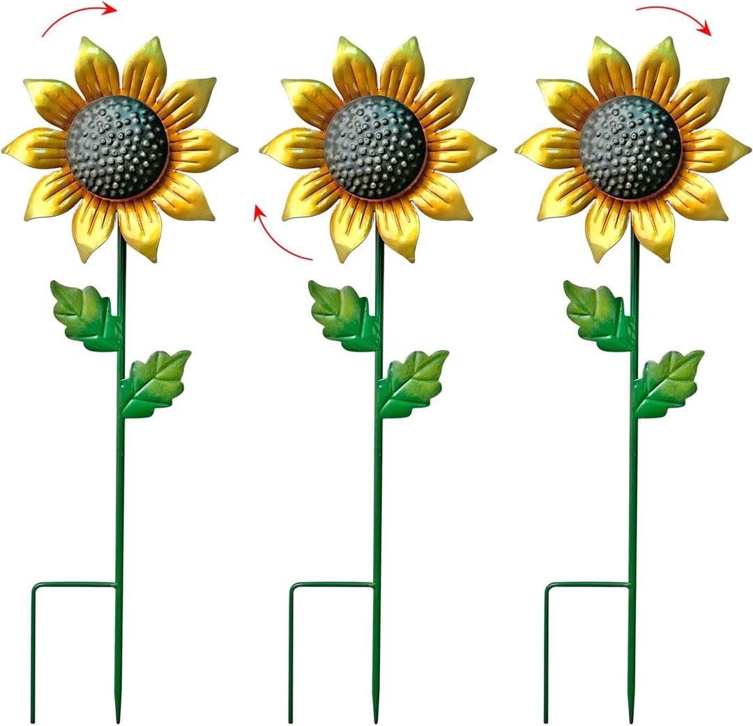 WAIU Metal Sunflower Flower Garden Stakes, Wind Catcher Spinner Garden Stakes, Garden Windmill Stakes Outdoor Wind Catchers, Yard Decor Stakes, Set of 3
