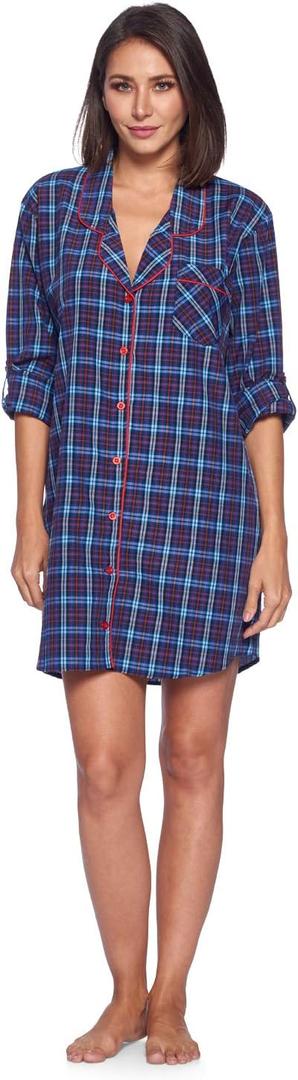 Ashford & Brooks Women's Woven Plaid Long Sleeve Button Down Sleep Shirt Nightshirt (Blue, XXL)