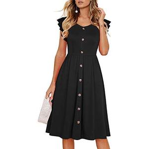 Lamilus Women's Casual Summer Dresses 2025 Ruffle Sleeves V-Neck Button Down Midi Swing Party Dress, Size Large
