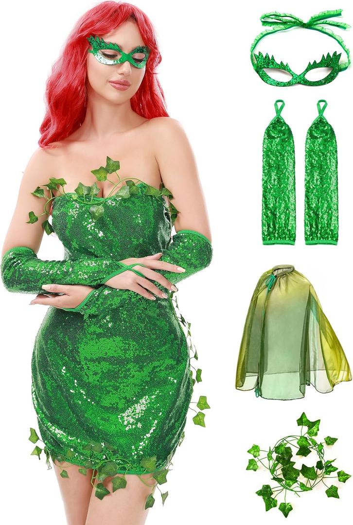 Funna Poison Costume Women Ivy Halloween Outfit 4 Piece with Eye Mask Gloves Cape (Green)