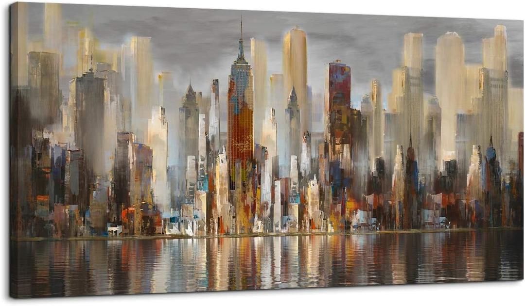 Wall Decorations Framed Large Cityscape New York Wall Decor Canvas Prints Abstract Brown City Theme Paintings Modern Canvas Wall Art for Living Room Bedroom Big Size 29x58